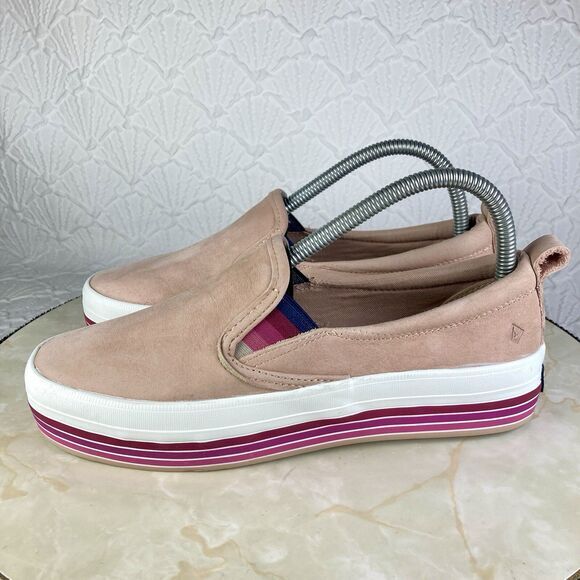 Sperry Shoes Womens 7 Pink Stripes Suede Crest Twin Gore Boat Platform Loafers - Picture 6 of 12